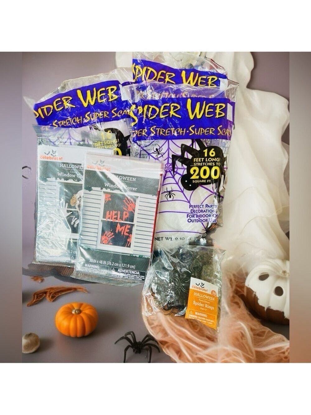 Halloween Scary Decor Bundle- 2x Window Covers, 3x Spider Webs, 3x Bags Spiders